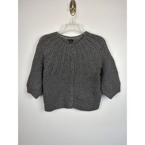 Ann Taylor Gray Merino Wool Crochet Cardigan Medium Jewel Button Up Velvet Trim